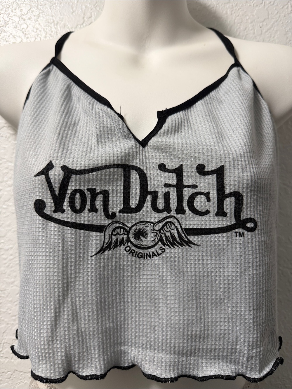 Von Dutch Grey & Black Waffle Halter Crop Tank - Picture 2 of 8